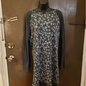 LOFT Cotton Long Sleeve Gray Leopard Print Sweater Midi Dress Tunic Medium